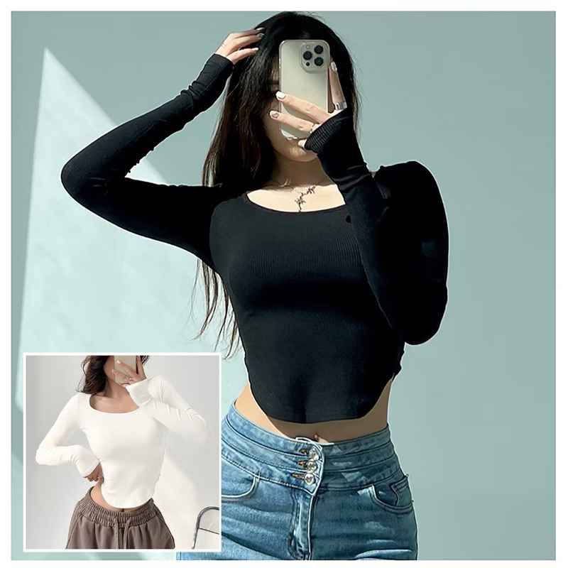 Seraana Ofc - เสื้อเชิ้ตแขนยาวคอเหลี่ยมพื้นฐาน - WWC Manset ผ้าเรยอน Cool Soft Inner Crop