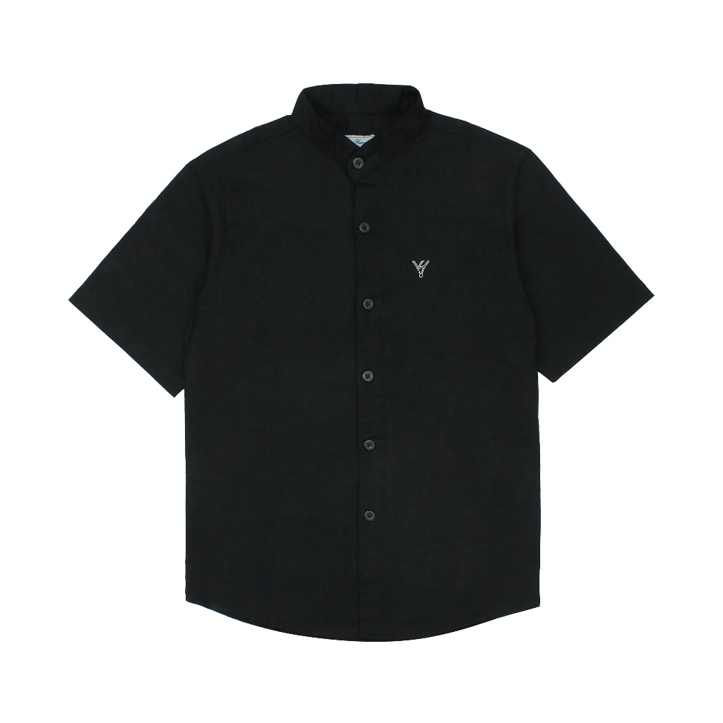 KEMEJA Virgo Hazard Black Shanghai Koko เสื้อเชิ้ตแขนสั้นโลโก้สีขาวบนเสื้อเชิ้ตสีดําผ้าลินิน