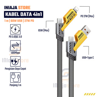 Kabel Data 4IN1 Kabel Charger 65W Type C USB A 27W Type Lighting Convertible Metal Fast Data Cable Multiple Charging Kabel Data Type Lighting Tipe Android Smartphone Kabel Charger Supercepat