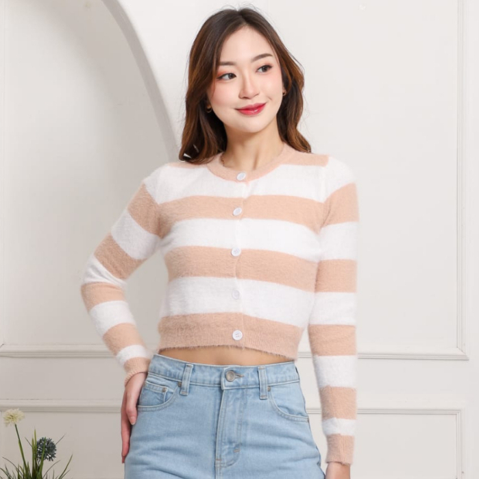 MKY CLOTHING CARDIGAN CROP TOP STRIPED LONG-SLEEVED KNIT CARDIGAN