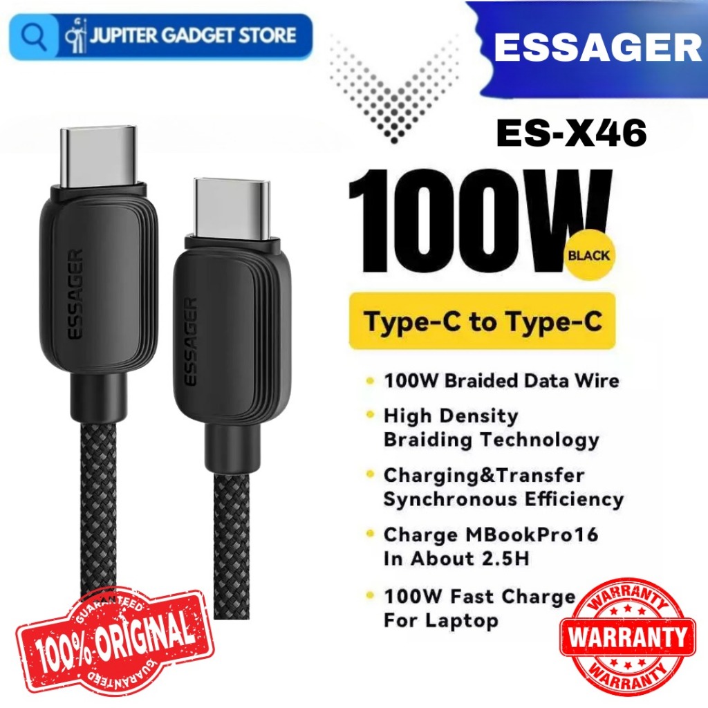 ESSAGER USB Type C ถึง Type C สายเคเบิลข้อมูลชาร์จเร็ว 5A 100W 2M - ES-X46