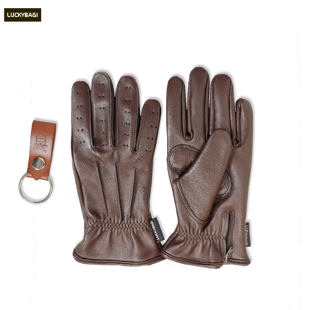 ถุงมือหนัง Luckybagi ถุงมือมอเตอร์ไซค์ย้อนยุครอยัล ถุงมือหนังแท้