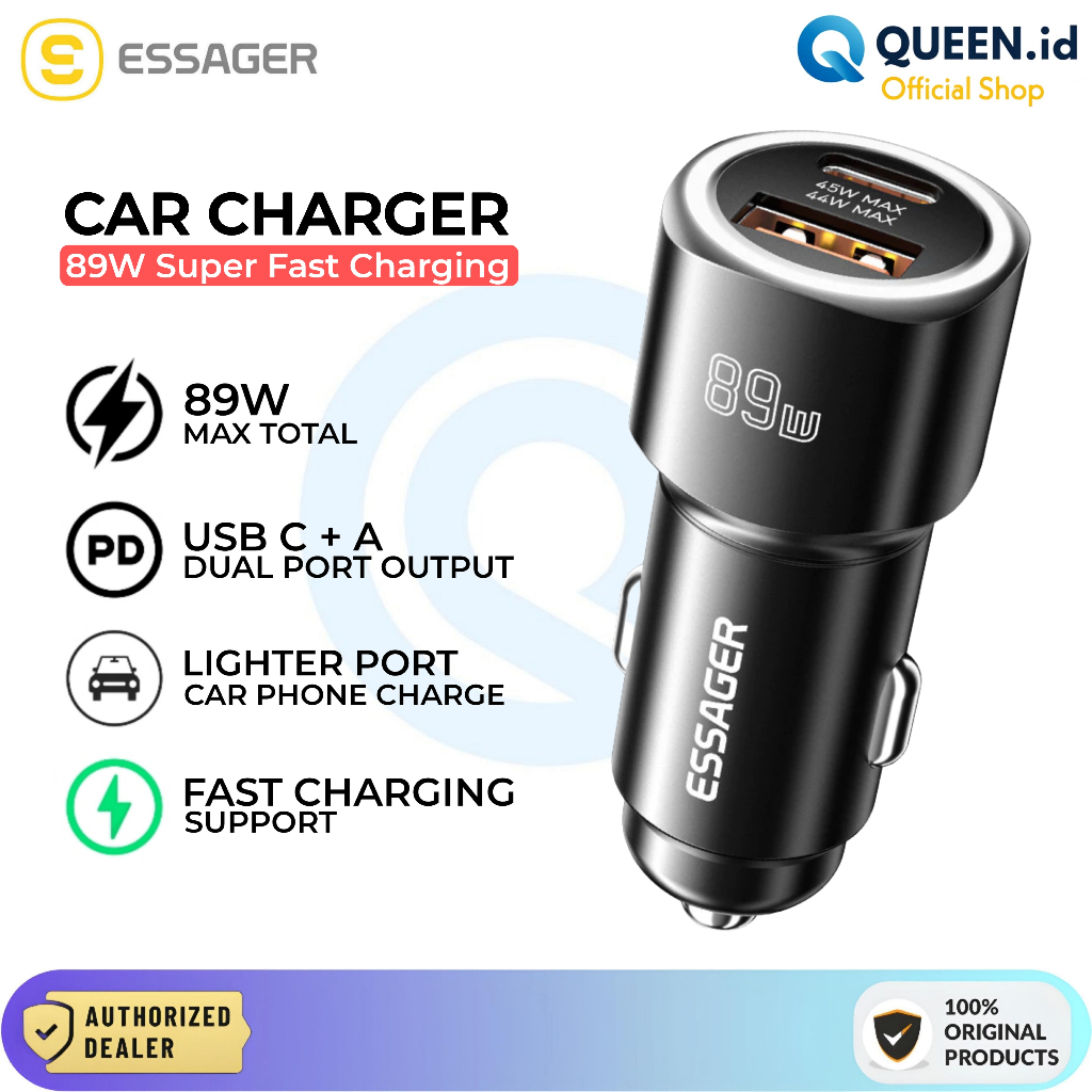 Essager Car Charger 89W DUAL PORT USB + TYPE C PD QC Super Fast Charging - CC16