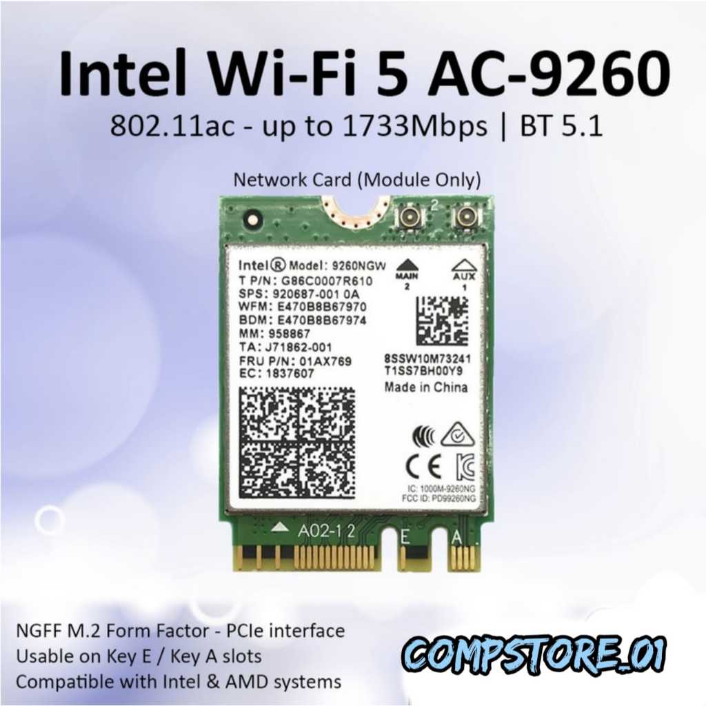 Intel Wi-Fi 5 AC 9260 NGFF M.2 การ์ดเครือข่ายไร้สาย WiFi BT 9260NGW