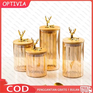 OPTIVIA 4pcs/set Toples Makanan Serbaguna Jar Toples Kaca Kotak Penyimpanan Makanan Toples Jar Gold Toples Pengatur Emas Bergaris Dapur Toples Penyimpanan Tertutup Kaca Deer /Elk/ berlian/ mahkota Toples Kaca