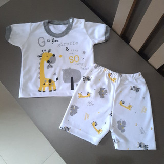 [100% Cotton] Stelan Baju Bayi Newborn Tangan Pendek Karakter Giraffe and Pinky Woof Kancing Bahu 0-9 Bulan