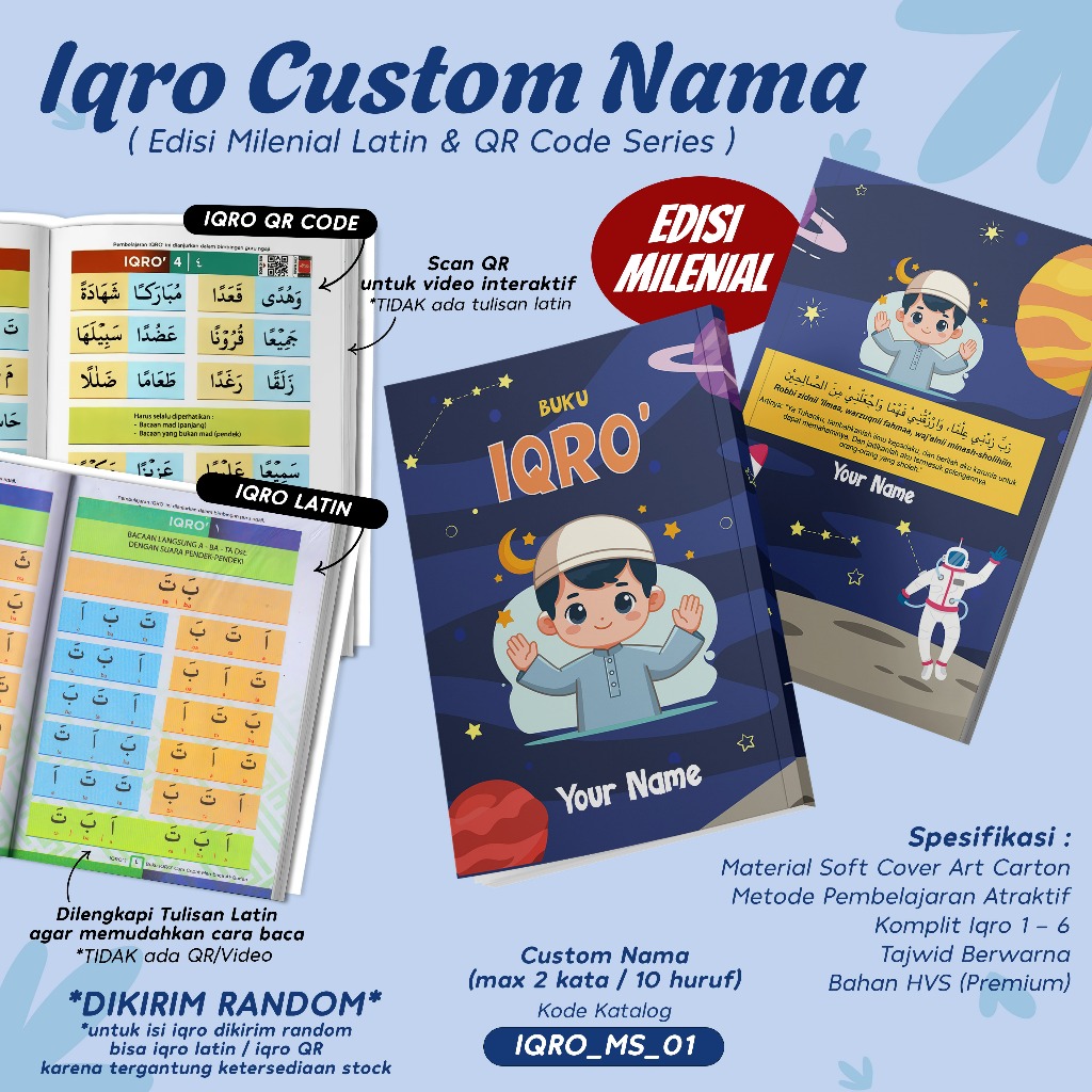 IQRO MILLENNIAL CHILDREN CUSTOM NAME CHARACTER DESIGN MUSLIM BOY & GIRL / IQRO MILLENNIAL TTJWID BOO