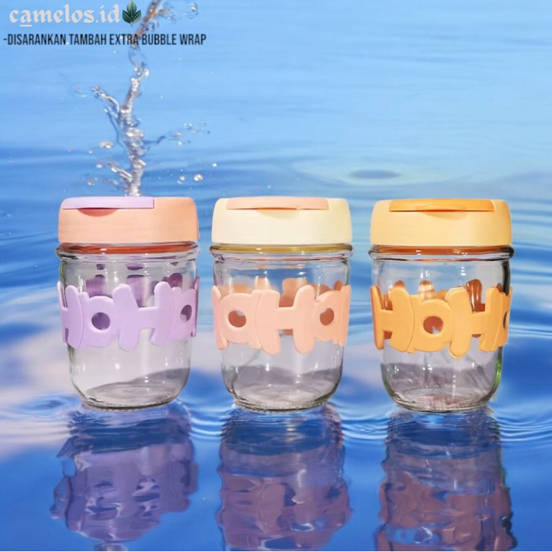 Hoho 350ml Glass Straw Cup - Aesthetic Hoho Cup - กระจกนูน