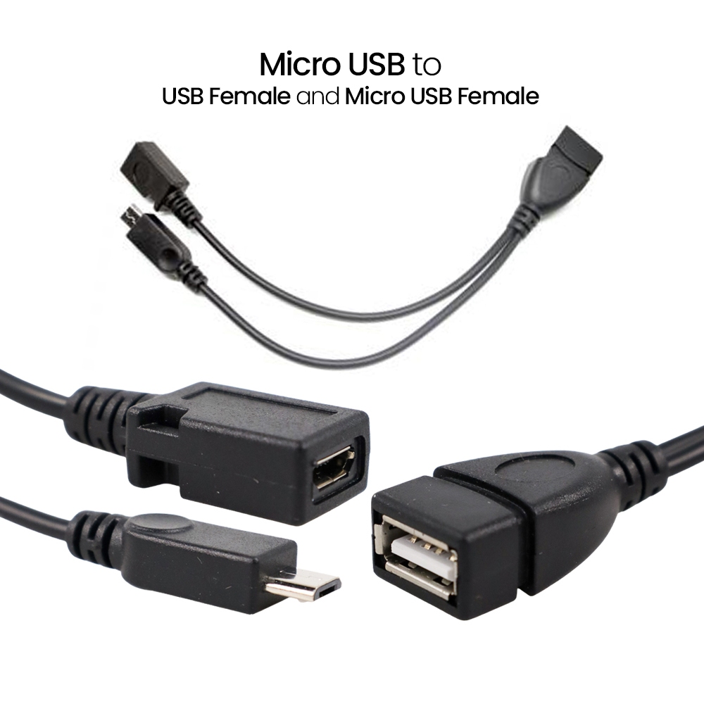 2in1 OTG Micro USB to USB Female + Micro USB Female 18cm - A-UOY-02 - สีดํา