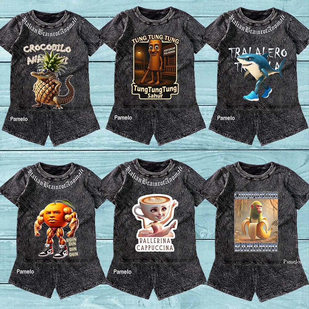 Pamelo.id เด็ก Stelan Tung Sahur Unisex Anomali Brainrotalia One ชุดเด็กหินล้าง Basic Distro ชุดสําหรับเด็ก Tung Tung Sahur อิตาเลี่ยนแนวโน้ม Anomali