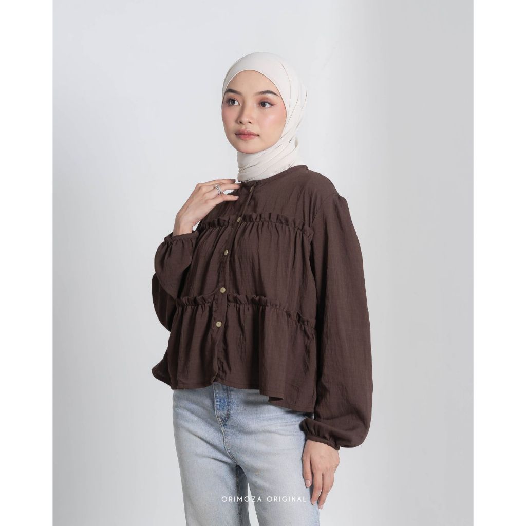 Orimoza Neona Top Blouse ผู้หญิงเกาหลี Ruffel ผ้าลินินนําเข้า
