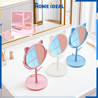 Cermin Bulat Aesthetic Stand Mirorr Rotating Karakter Kucing Lucu Kaca Meja Rias Serbaguna HI K194