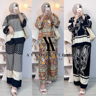 LALA ONESET CELANA WANITA RAYON ADEM NYAMAN BUSUI JUMBO LENGAN 7/8 SETELAN KEKINIAN MOTIF TERBARU