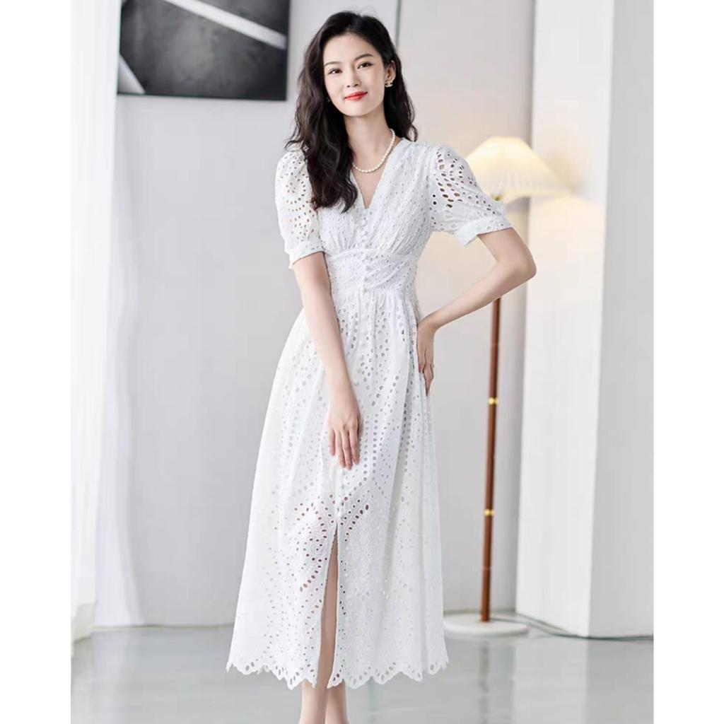 MDLV ~ M51D200 ชุดเดรสผ้าฝ้ายเย็บปักถักร้อย (ชุดแขนสั้นสีขาว)