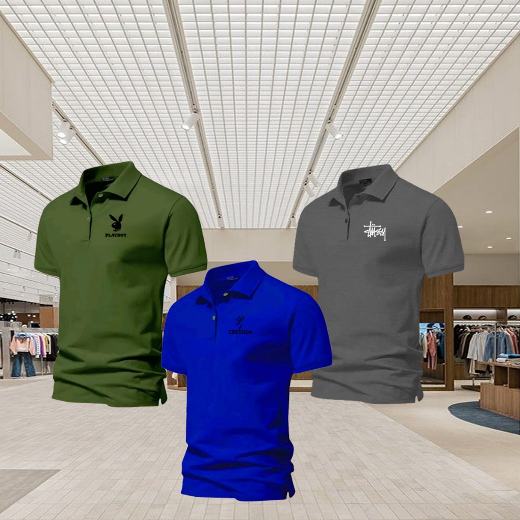เสื้อโปโลผู้ชายพรีเมี่ยม 3 ชิ้น Pl4yb0y-Cress | เสื้อยืดคอปกแขนสั้นลําลองหรูหราวัสดุใส่สบายไซส์ส-3เอ
