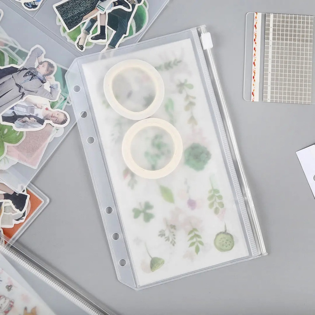 A6/A7/A5/B5 6 หลุมโปร่งใสกระเป๋าหนังสือมือ/กระเป๋าซิป Zip สําหรับ Binder A6 และ A5 6 แหวนและช่องเสีย