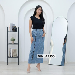 VINLAF - Rok Jeans Nikita - Nikita Skirt - Highwaist Rok Jeans Wanita - Rok Jeans Tali Wanita - Rok Jeans Panjang