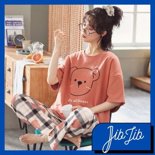 JIBJIB Baju Tidur Wanita Remaja Dewasa Piyama Set Baju Lengan Pendek Celana Panjang Setelan Kaos Motif Pajama PY002