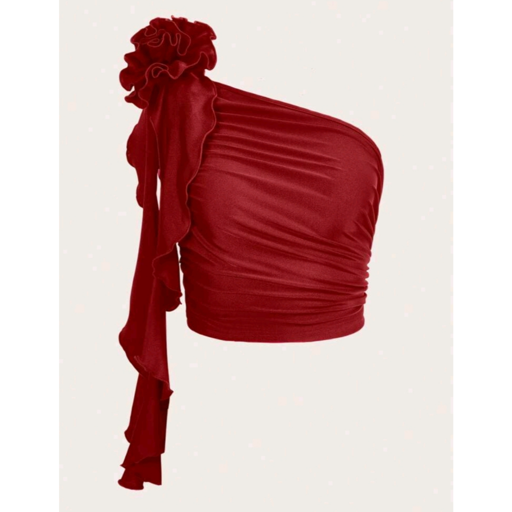 SC Icon 3D Rosette One Shoulder Ruffle Trim Ruched Crop Red Top