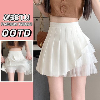 MEET.U Rok Celana Lipit Pendek Half Side Lace Desain Tambal Sulam Korea Cute Pleated Skorts