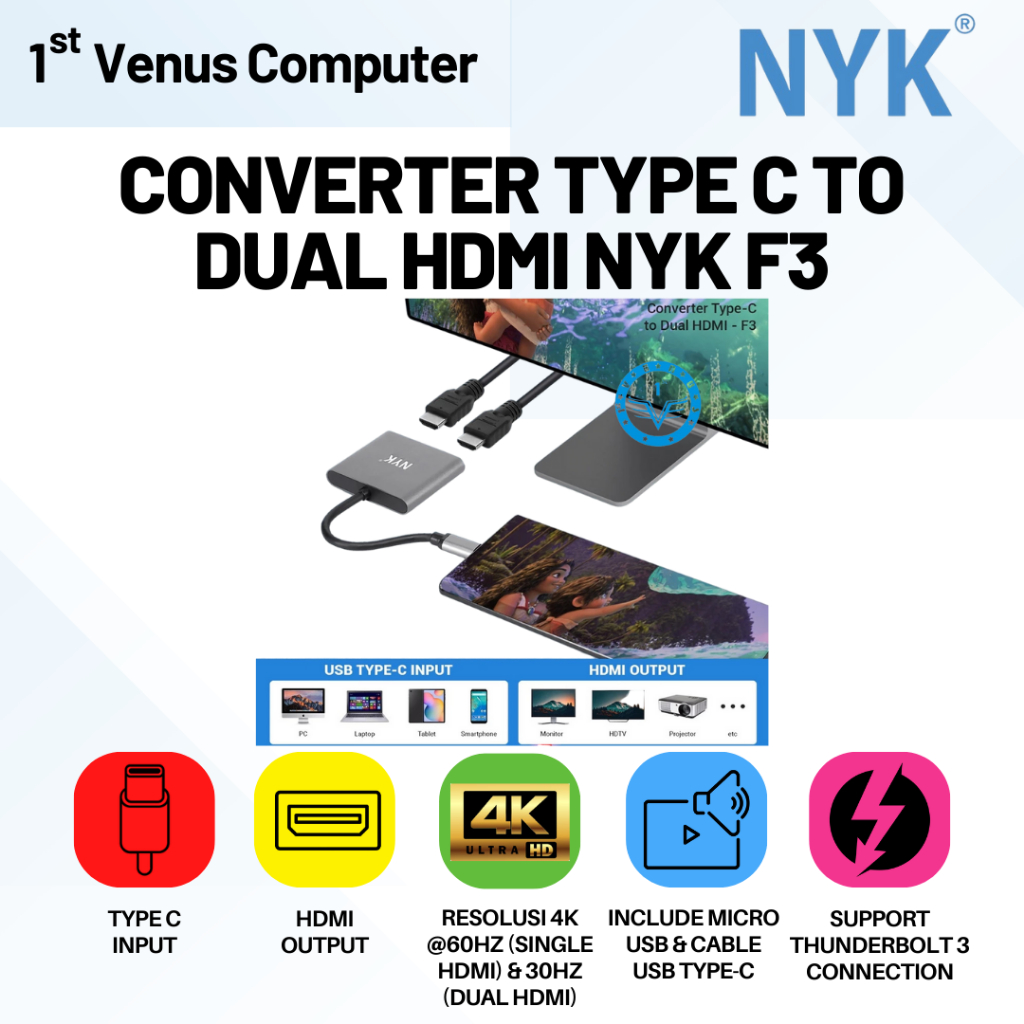 CONVERTER Adapter NYK F3 USB TYPE-C TO 2 Dual HDMI / Converter 2 HDMI in 1 USB 3.0 Type C to HDMI 4K