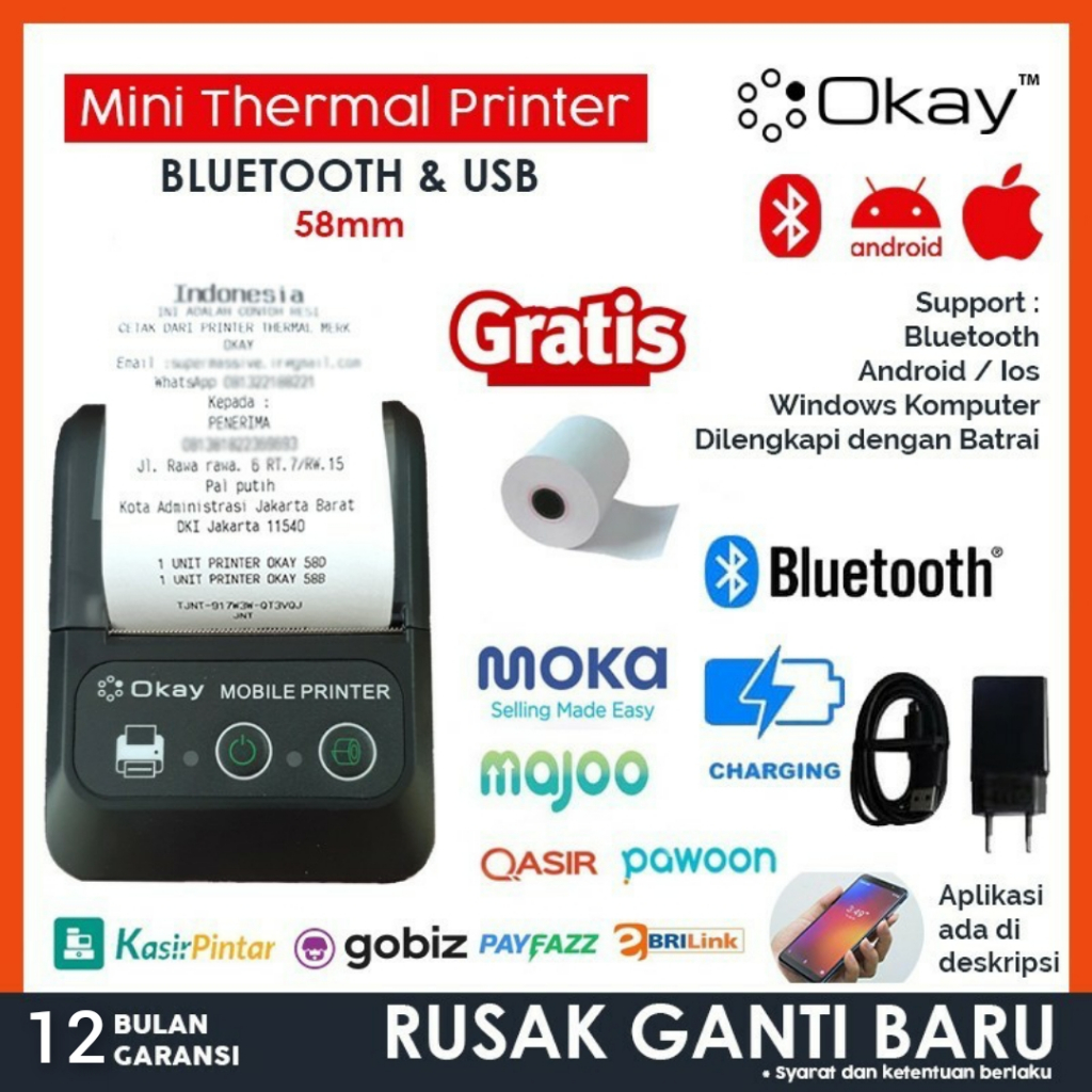 OKAY 58B Printer Bluetooth FASTPAY Kasir ppob pos Thermal 58MM Printer android