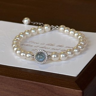 Gelang Mutiara Tiruan Air Mata Putri Duyung - Desain Vintage Perancis dengan Batu Aquamarine Elegan