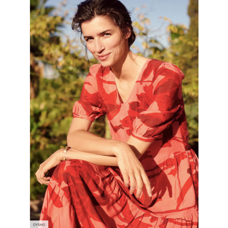OYSHO RED FLORAL MIDI DRESS