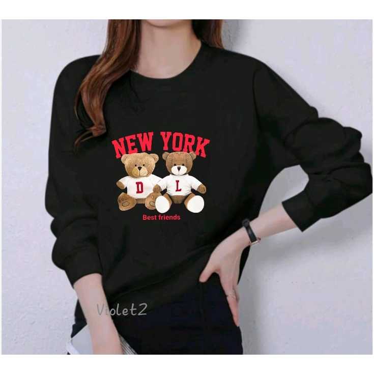 เสื้อยืดแขนยาวผู้หญิงผู้ใหญ่ลายหมีนิวยอร์ก เสื้อยืด คอกลม แขนยาวผู้หญิงพิมพ์ลาย DTF