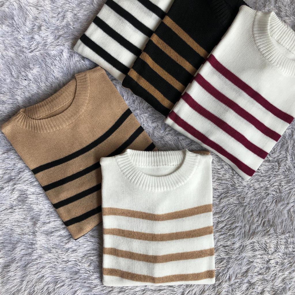 YORA เสื้อสเวตเตอร์ผ้าถักลายทางโอเวอร์ไซส์