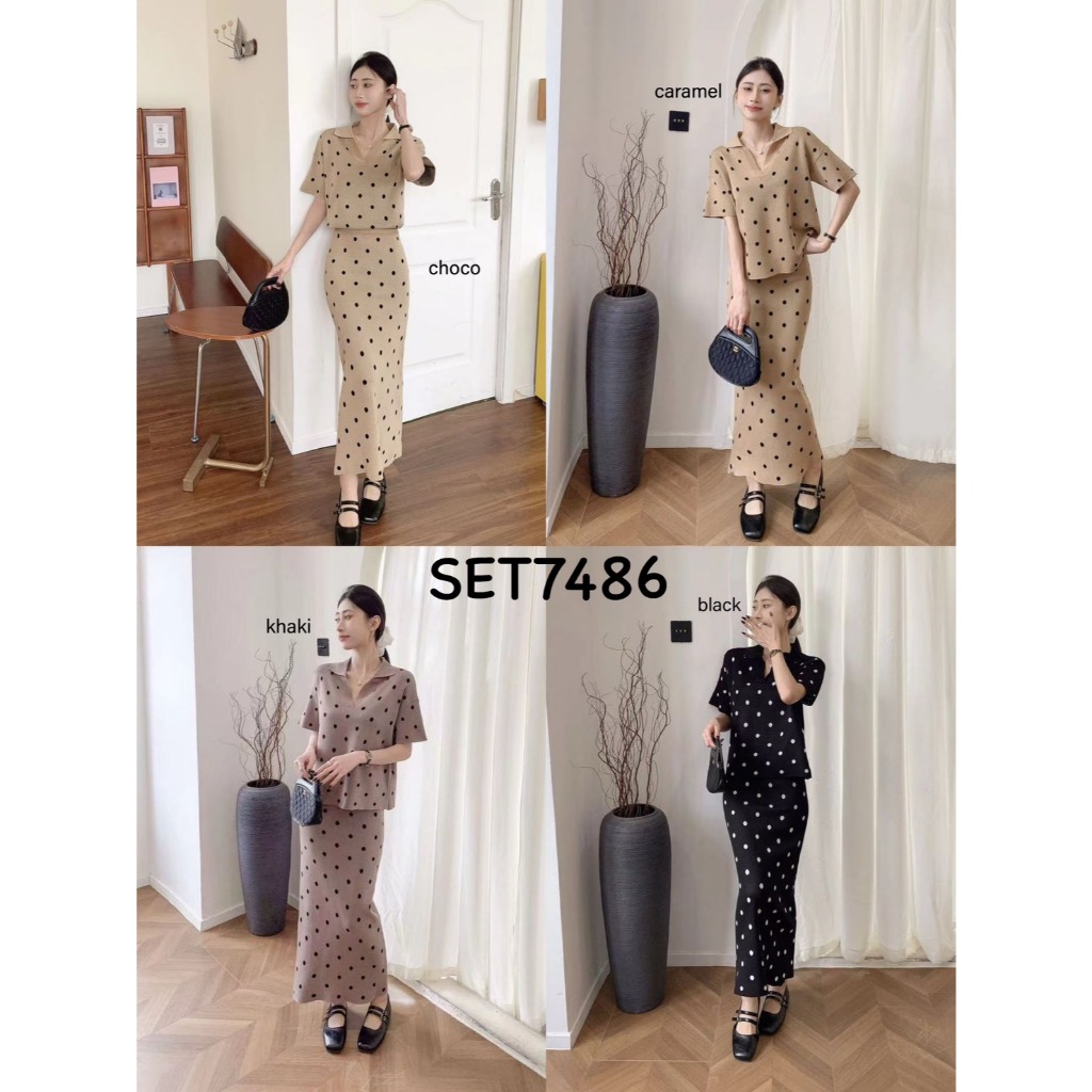 [FG] Polka Dotti Collar Top n ชุดถักกระโปรงยาว SET7486