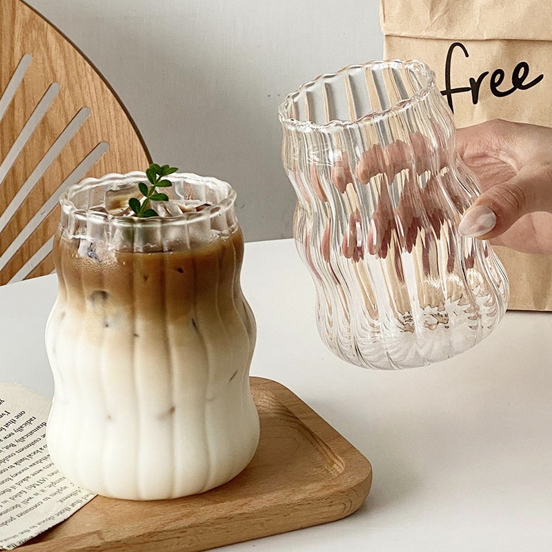 Aesthetic Glass Cup Coffee Tea Borosilicate Straight Stripe 410ml 530ml GK23