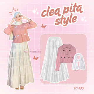 Setelan Kekinian Dan Terbaru One Set Korean Style Simpel Dan Elegant Dengan ( Rok Pita + Blouse Dan Juga Pashmina ) SET TC-135