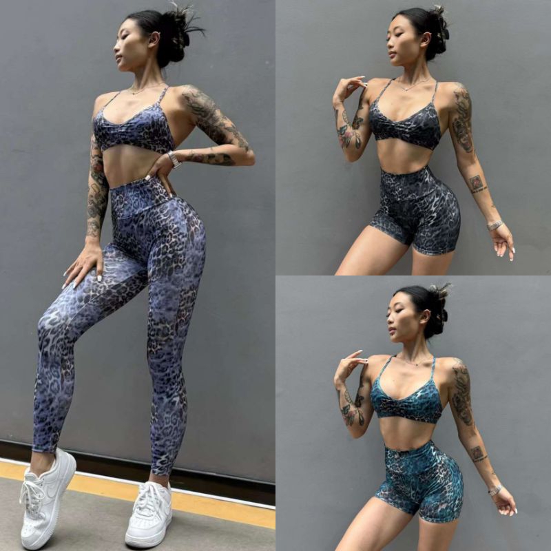 Ellie Collection Top + กางเกงขาสั้น + เลกกิ้ง/ ชุดกีฬาผู้หญิง Booty Legging Leopard Sportbra Gymshar