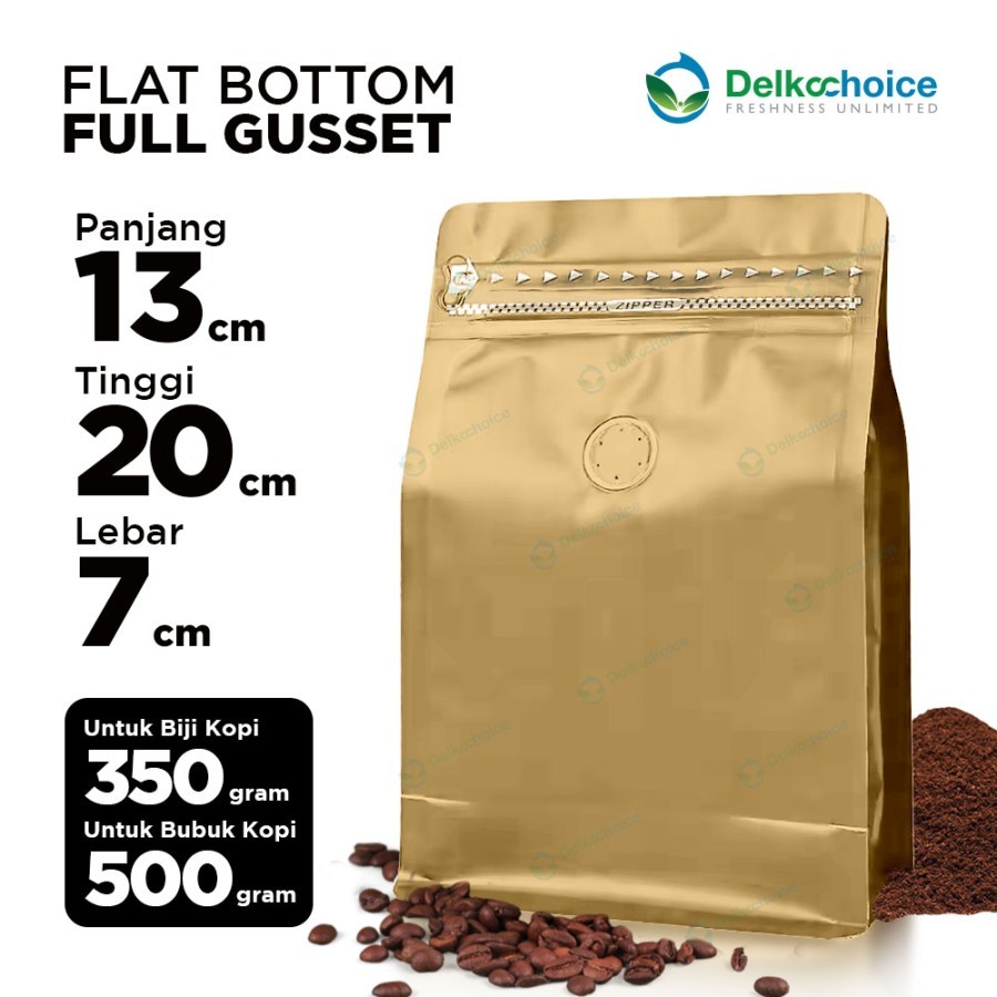 Standing Pouch Flat Bottom Valve ผงกาแฟ/ห่อเมล็ดกาแฟ - ทอง 13 ซม. x 20 ซม. + 7 ซม.