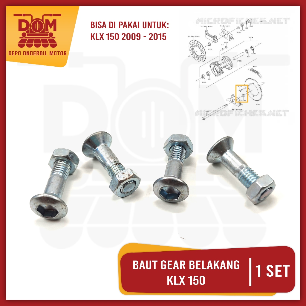 KLX 150 สลักเกลียวเกียร์ด้านหลังชุด 4 ชิ้น (PSP) L Bolts Plus Black Gear Nuts Kawasaki Trail KLX 150
