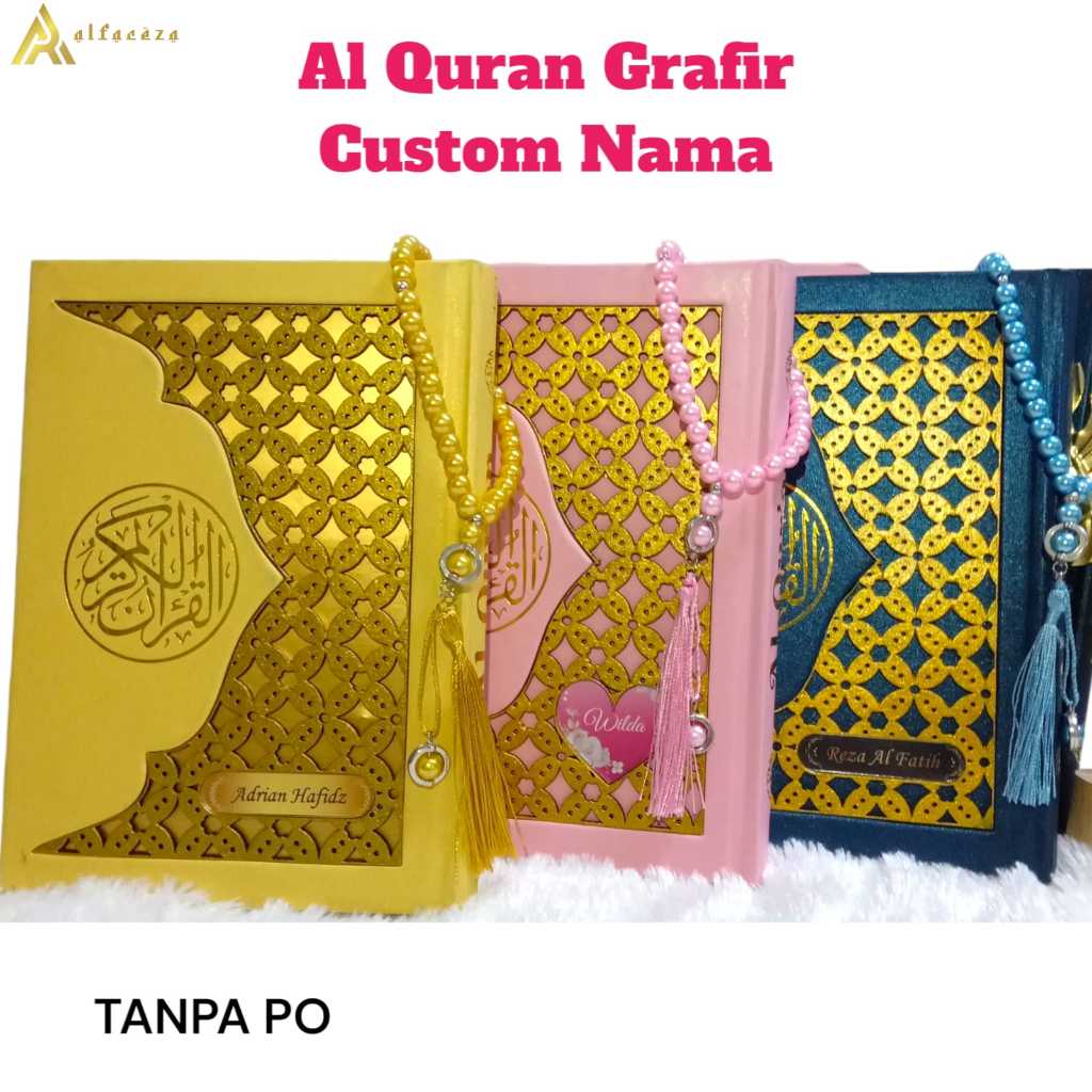 Alfareza - Quran 3D อะคริลิคแกะสลัก Variation 1 ฟรีที่กําหนดเองชื่อโฮโลแกรมทอง Hotstamp Quran งานแต่