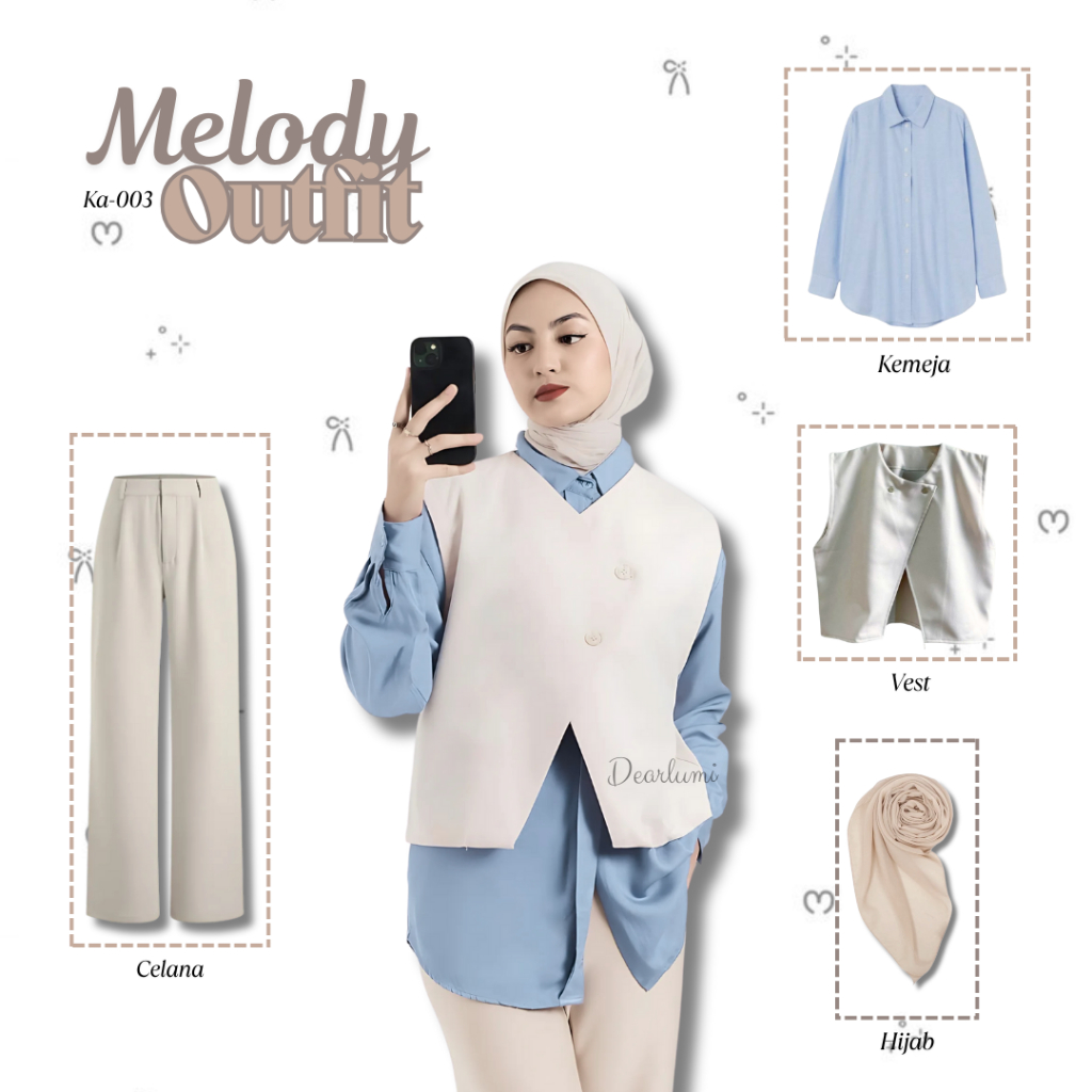 KEMEJA Dearlumi - 3in1 Set Melody Outfit เกาหลี (เสื้อ + เสื้อกั๊ก Kimi + Bella Hijab + กางเกงถัก) ช