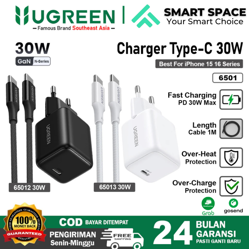 UGREEN ชุดชาร์จ 30W GAN N For iPhone 15 Plus 16 Pro Max PD Type C Fast Charging - รับประกัน 24 เดือน