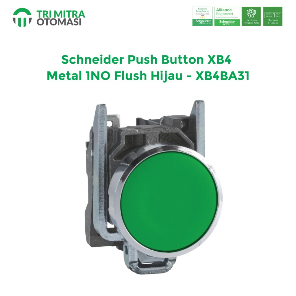 HIJAU Schneider ปุ่มกด XB4 Metal 1NO Flush Green - XB4BA31
