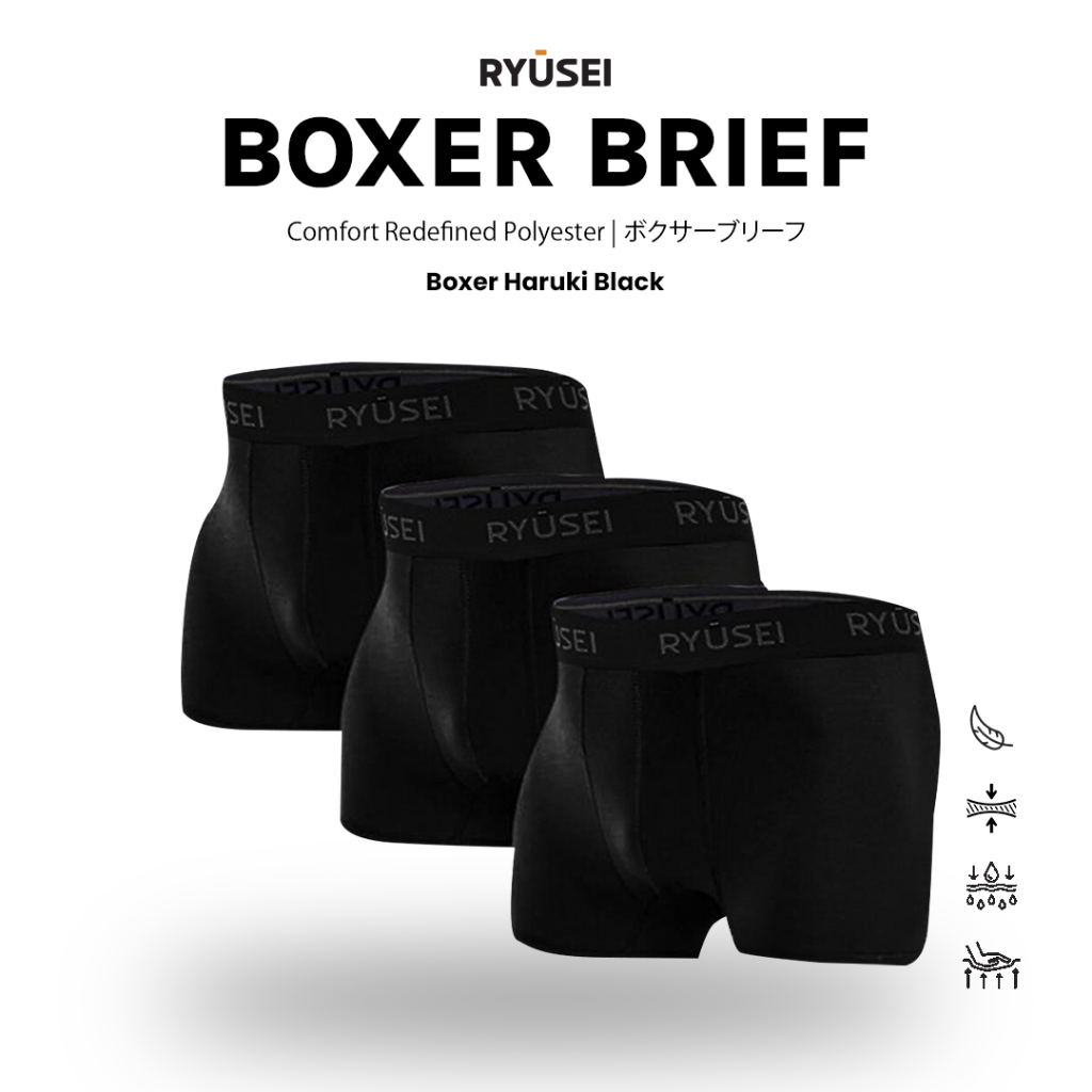 Ryusei Boxer Haruki Polyester Spandex 3 ชิ้น - สีดํา | ใส่สบาย&ยางยืด