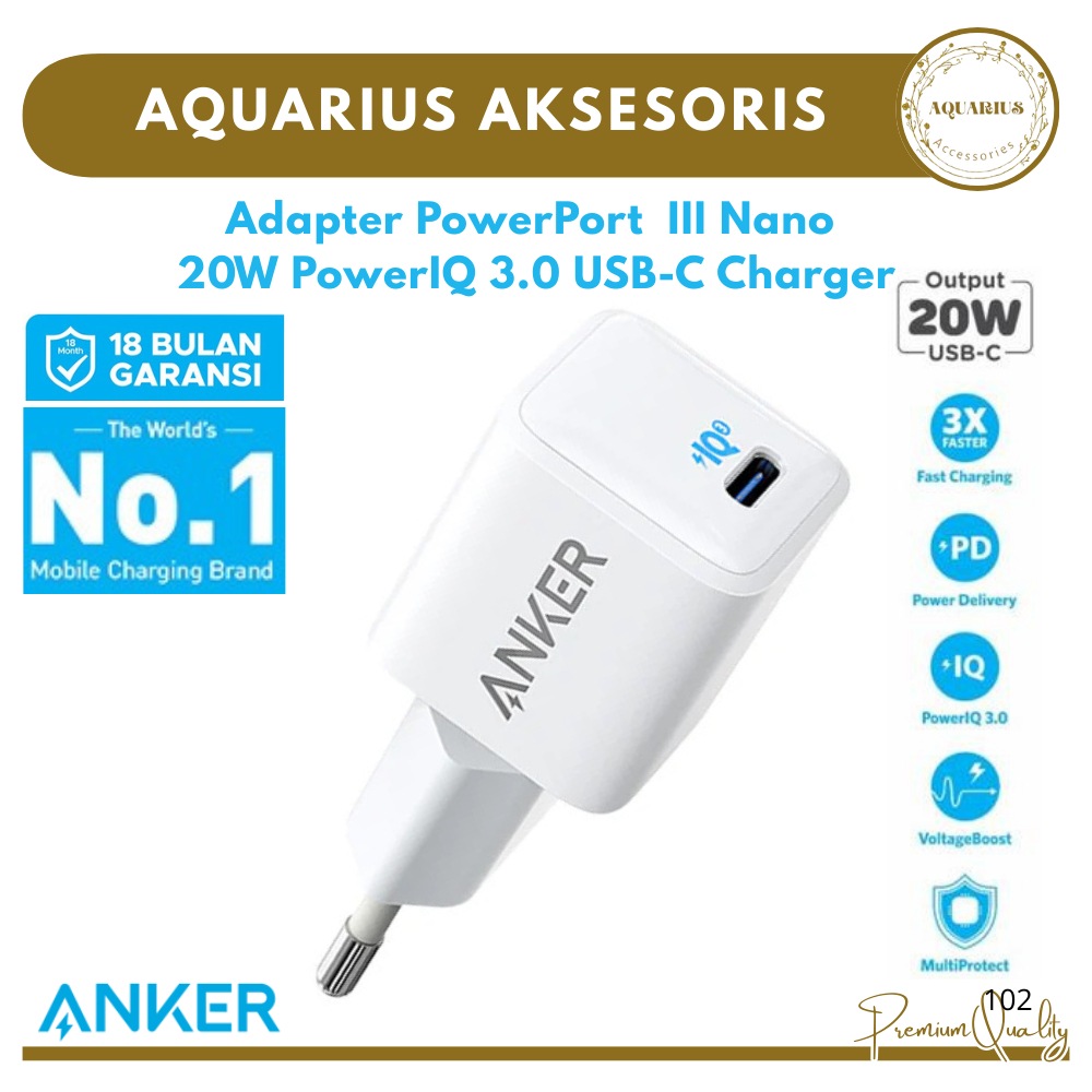 [ANKER] อะแดปเตอร์ Anker 511 PowerPort III Nano 20W | พอร์ตชาร์จเร็ว USB-C | Anker A2633L21 ของแท้ 1