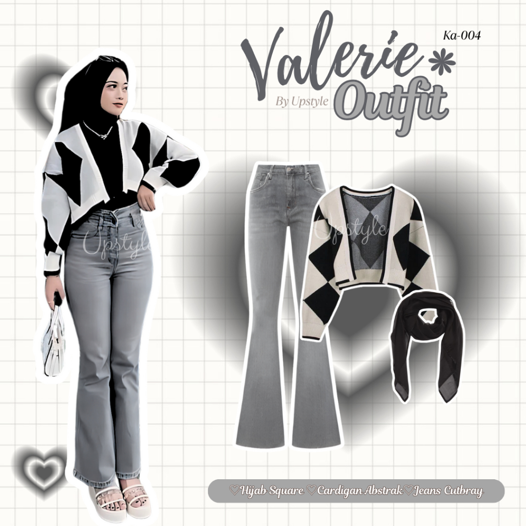 Upstyle - Valerie Outfit 3in1 สไตล์เกาหลีล่าสุด (Cardigan + Cutbray Jeans + Hijab Bella) ลําลองน่ารั