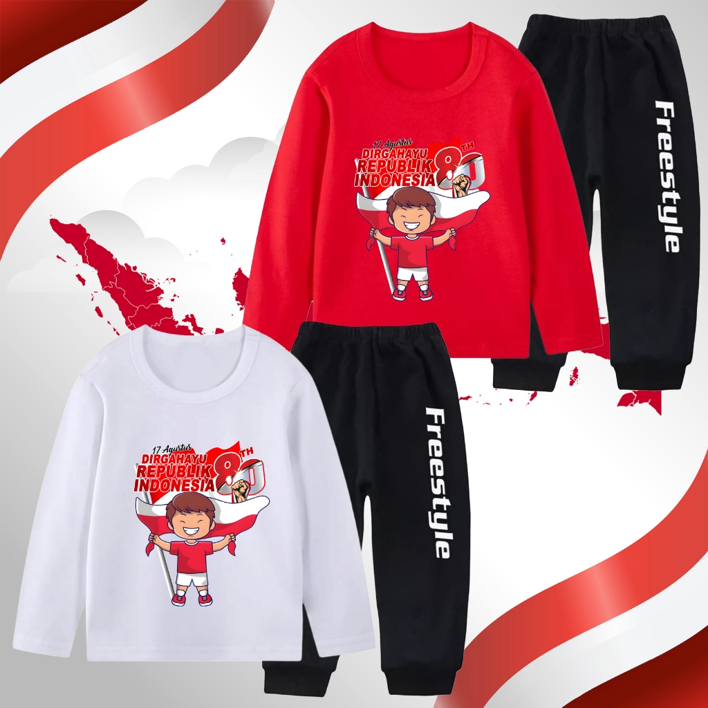 เสื้อยืดแขนยาวชุดสําหรับชาย 17 AUGUST INDONESIA INDEPENDENCE 1 อายุ 1-11 ปี BAJUMURAH