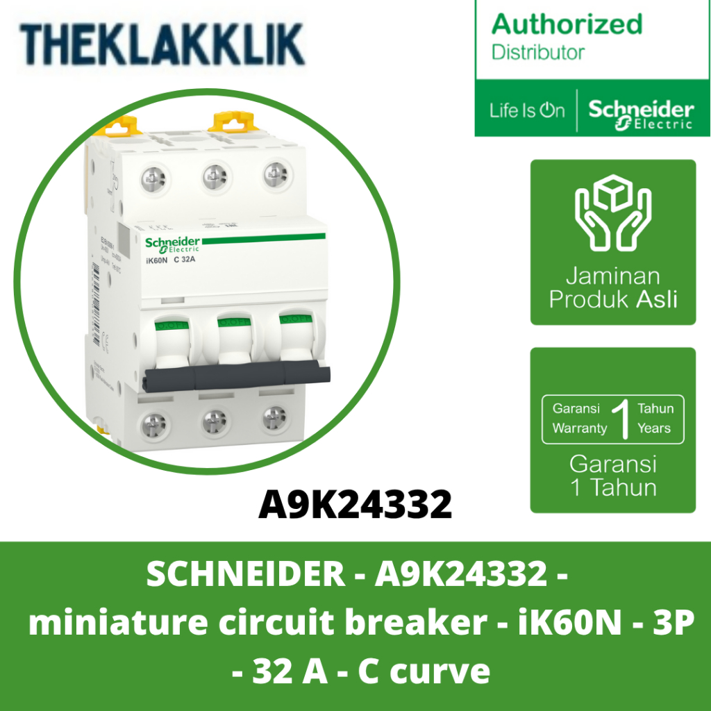 SCHNEIDER - A9K24332 - เซอร์กิตเบรกเกอร์ขนาดเล็ก - iK60N - 3P - 32 A - C Curve