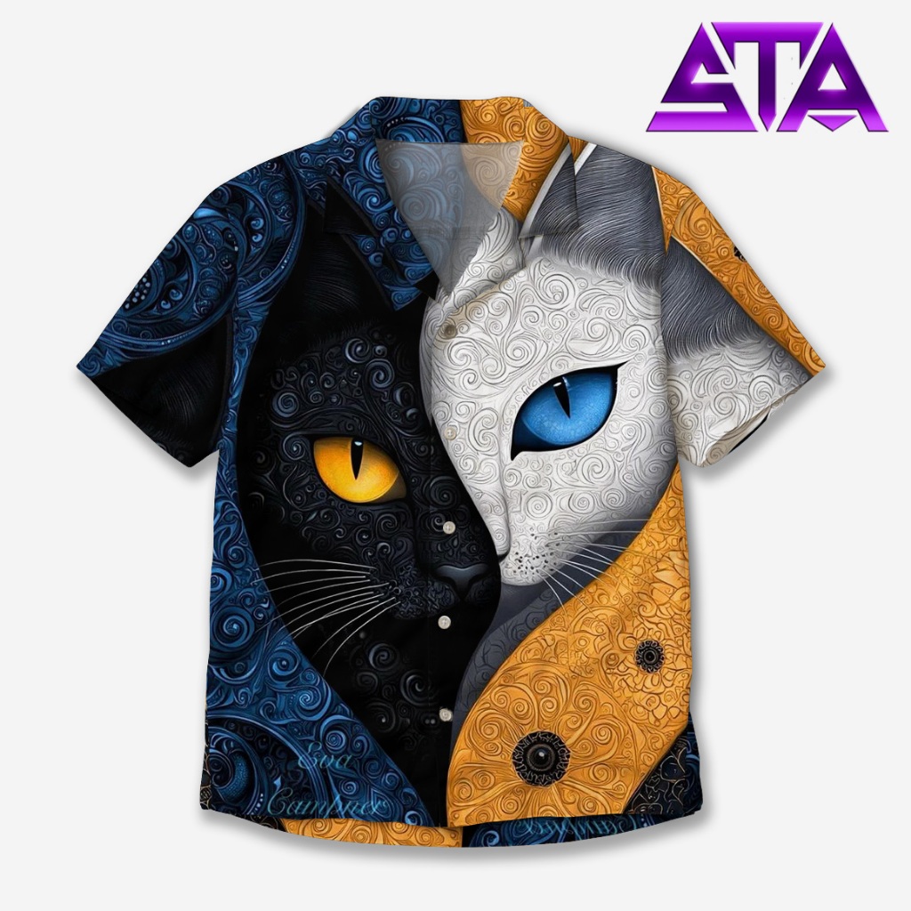 KEMEJA STA เสื้อ Unisex Yin Yang Artistic Cat Motif Fullprint Elegant Blue Yellow สี | ST-45