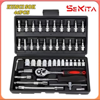 Set Kunci Sok Kunci Shock 46 pcs Mobil Motor Lengkap Socket Tool Kit set Pas Ring Motor Mobil