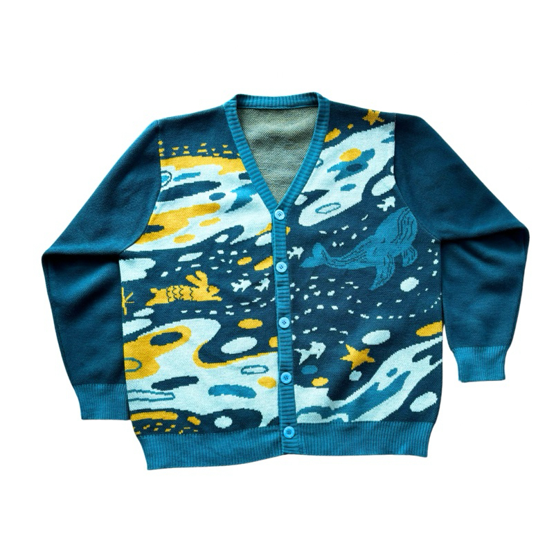 LOKAL [Bulen Store] เสื้อคาร์ดิแกนถัก Luna Whale น่ารักสีฟ้า Whale ภาพประกอบถักคาร์ดิแกนด้านนอกทองสี