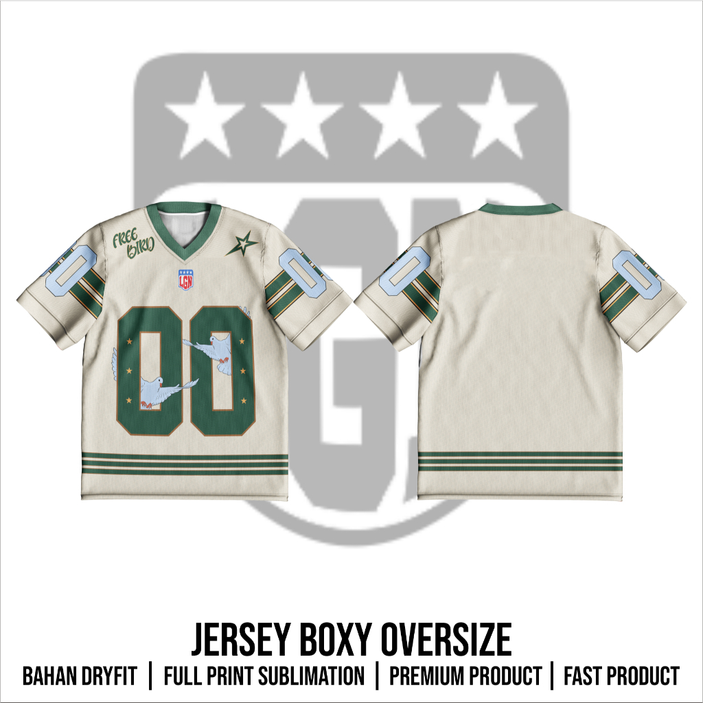 JERSEY BOXY RUGBY HOCKEY OVERSIZE 00 สีเขียวครีมพิมพ์เต็มรูปแบบ