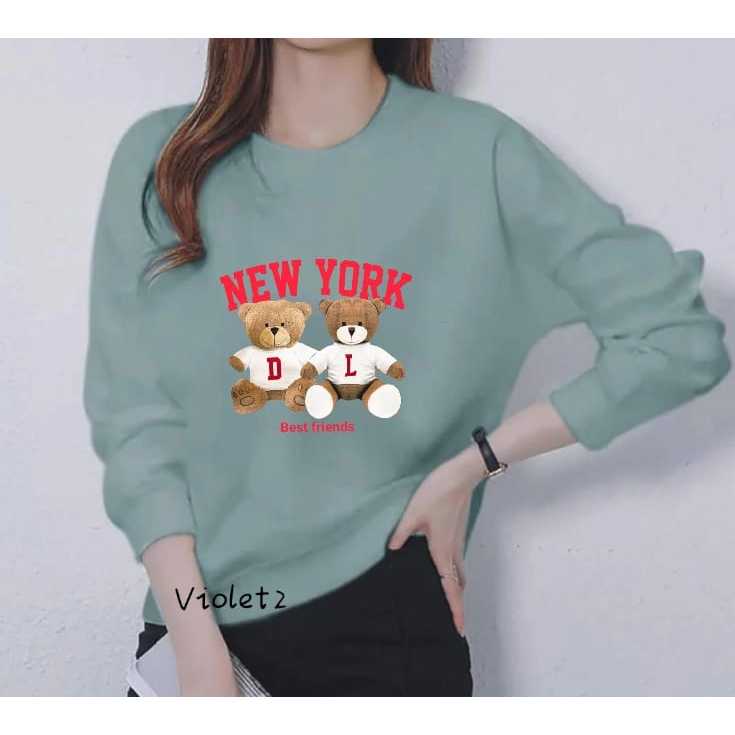 เสื้อยืดท็อปแขนยาวผู้หญิงผู้ใหญ่ลายหมีนิวยอร์กเสื้อยืด คอกลม แขนยาวผู้หญิงพร้อมการพิมพ์สกรีน DTF